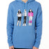 MALE MODEL WEARING A HEATHER BLUE HOODIE FEATURING A GRAPHIC OF THREE 1908S SKI LADIES
