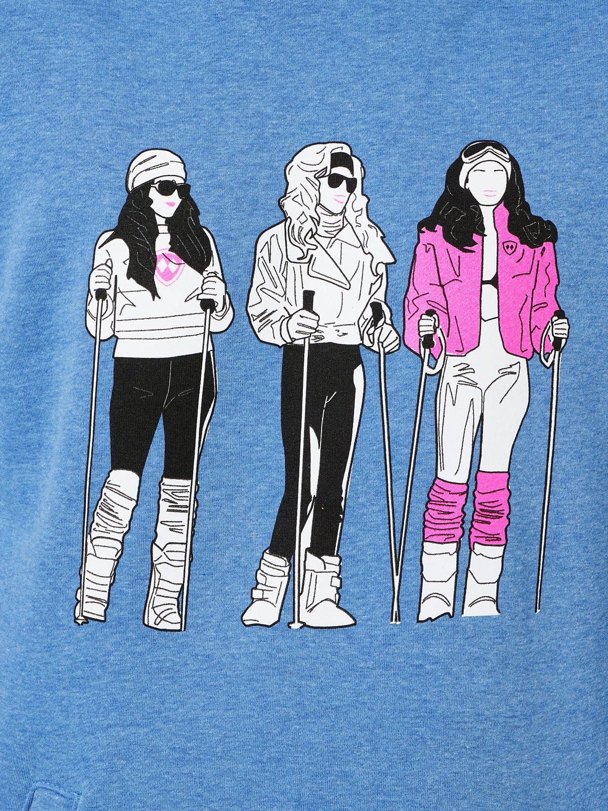 DETAIL OF THREE CARTOON LADIES IN 1980S SKI OUTFITS