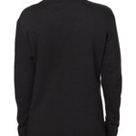 BACK OF A FEMALE MODEL WEARING A HEATHER BLACK HOODIE