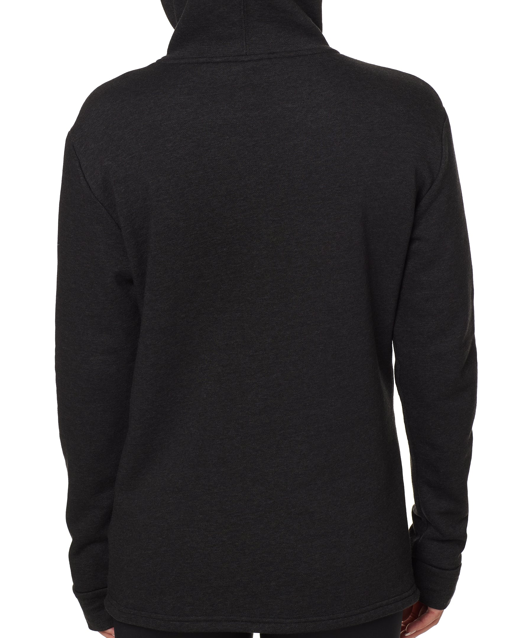 BACK OF A FEMALE MODEL WEARING A HEATHER BLACK HOODIE