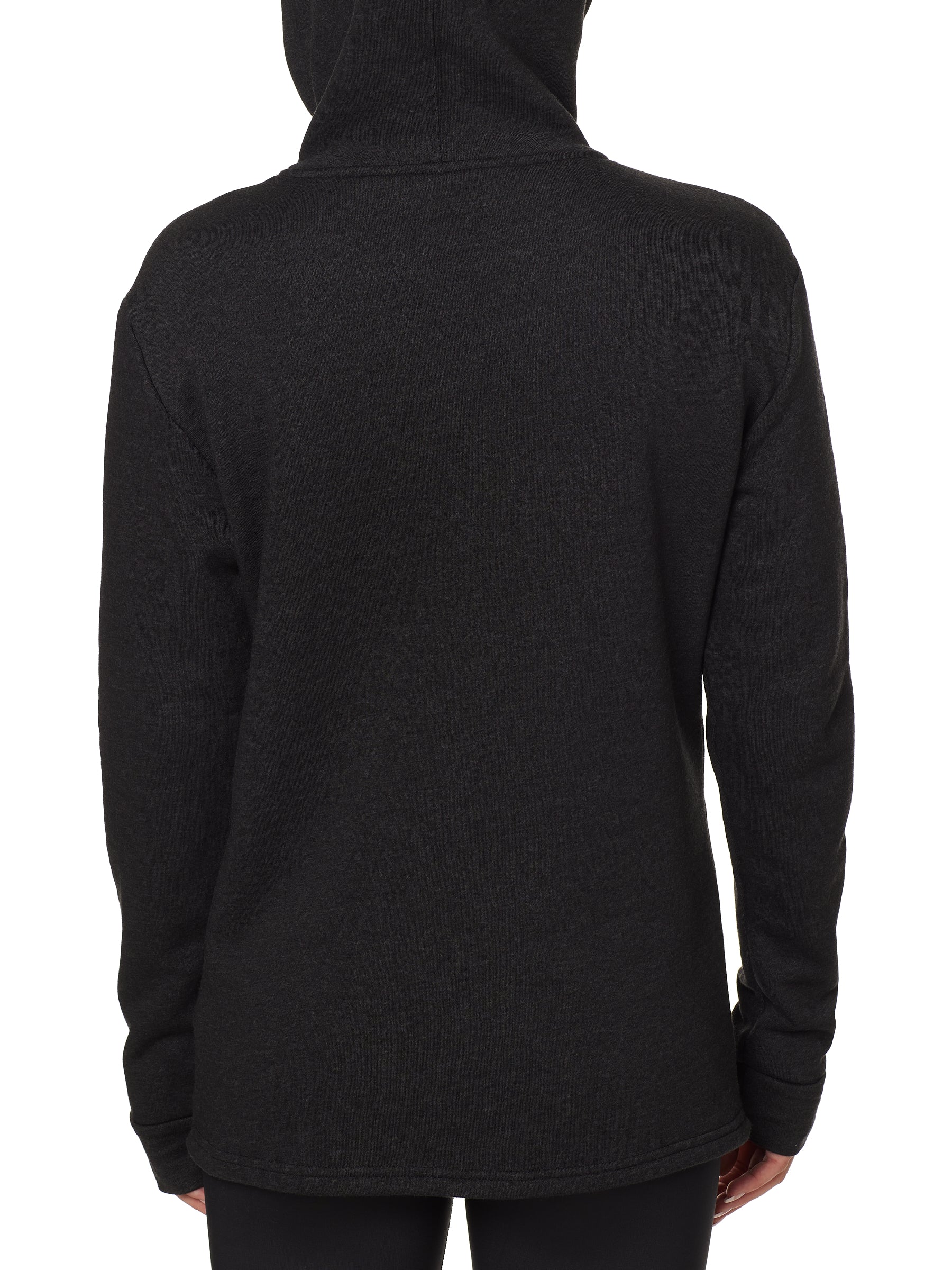 BACK OF A FEMALE MODEL WEARING A HEATHER BLACK HOODIE