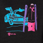 DETAIL OF A HEATHER BLACK HOODIE WITH A MULTICOLORED NEON SKIER AND DELOREAN CAR