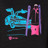 DETAIL OF A HEATHER BLACK HOODIE WITH A MULTICOLORED NEON SKIER AND DELOREAN CAR