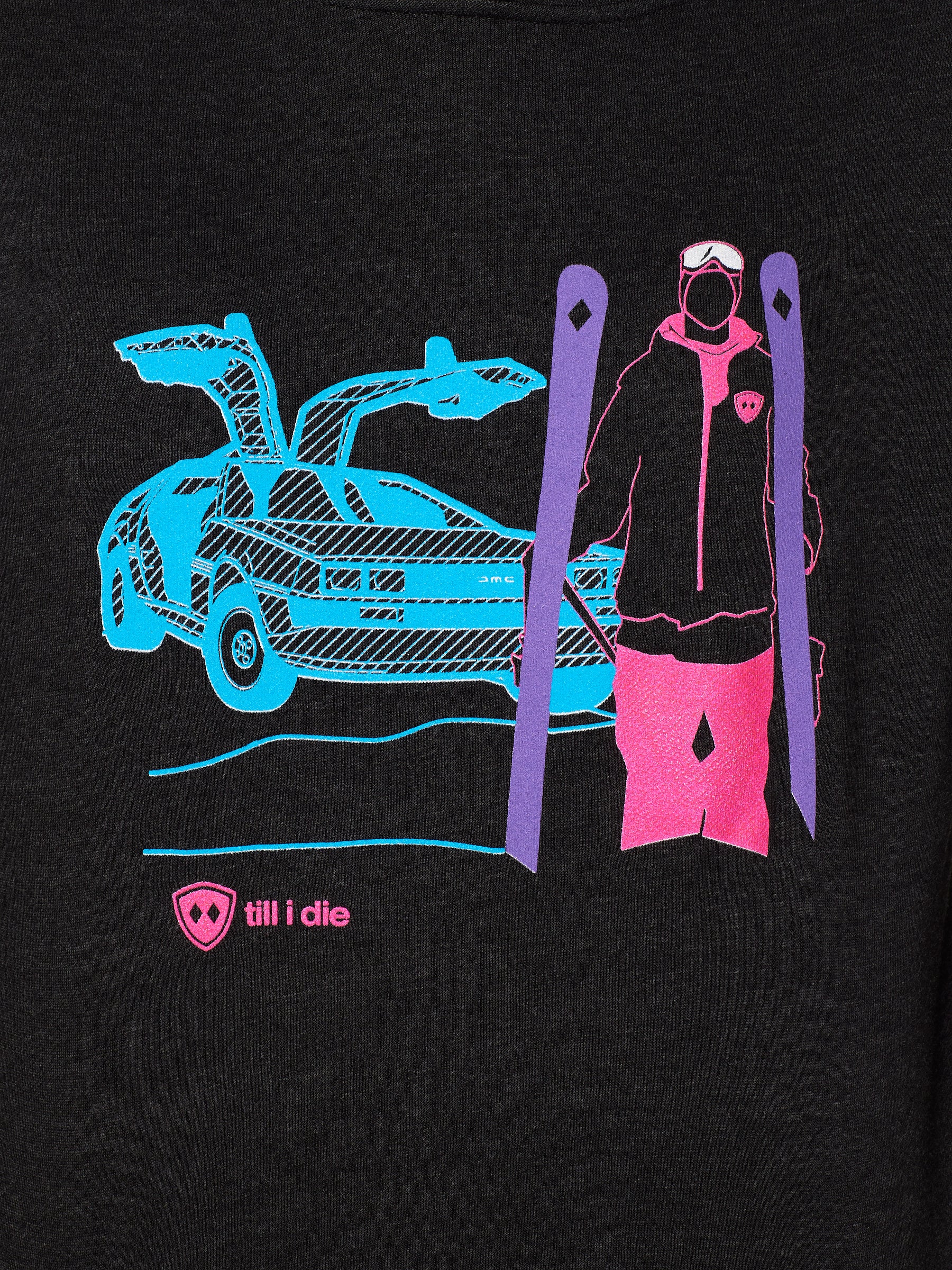 DETAIL OF A HEATHER BLACK HOODIE WITH A MULTICOLORED NEON SKIER AND DELOREAN CAR
