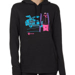 FEMALE MODEL WITH A HEATHER BLACK HOODIE WITH A MULTICOLORED NEON SKIER AND DELOREAN CAR