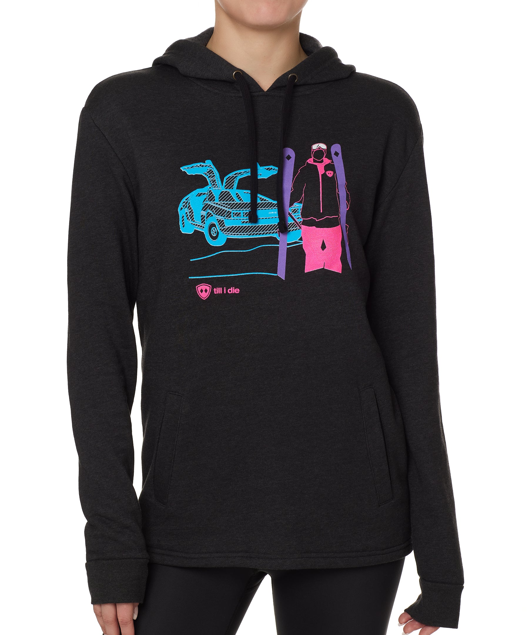 FEMALE MODEL WITH A HEATHER BLACK HOODIE WITH A MULTICOLORED NEON SKIER AND DELOREAN CAR