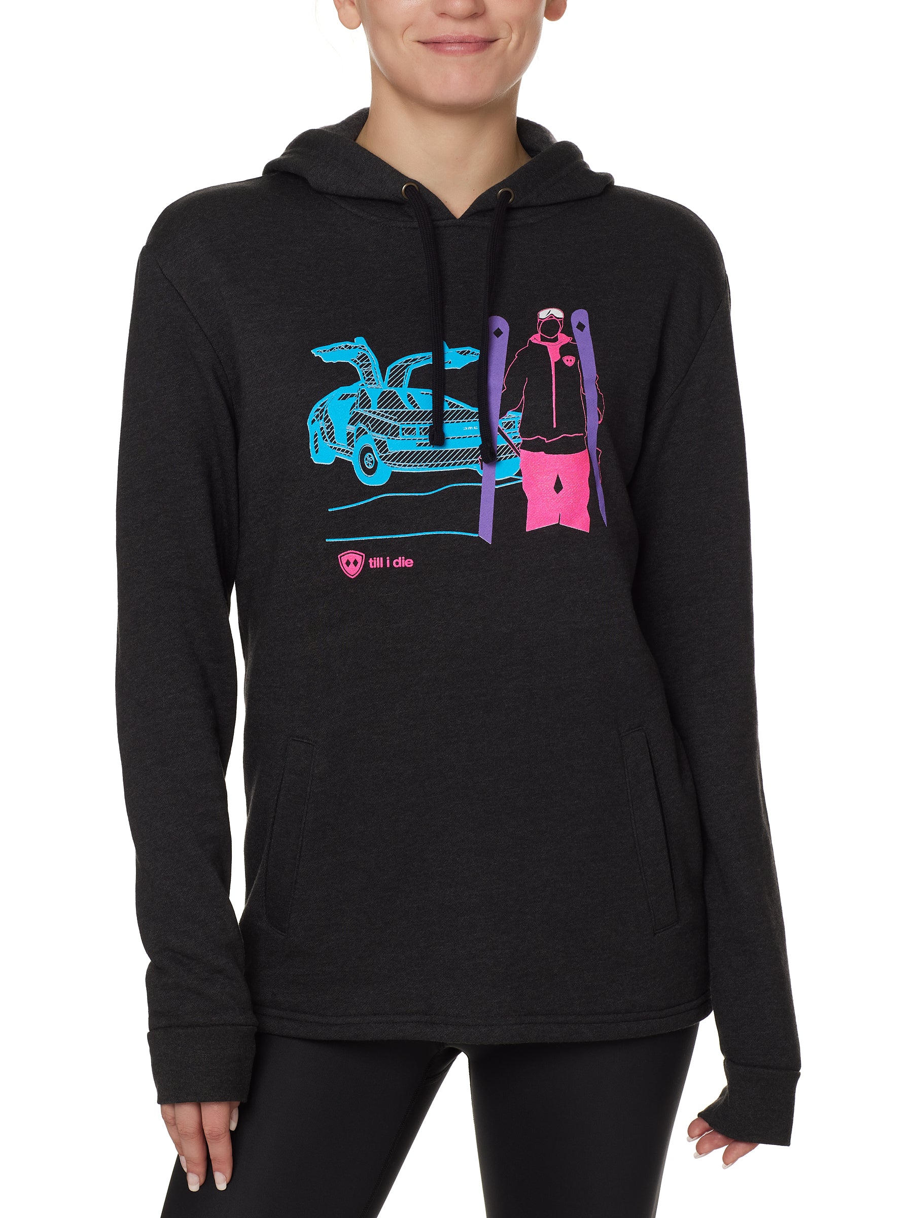 FEMALE MODEL WITH A HEATHER BLACK HOODIE WITH A MULTICOLORED NEON SKIER AND DELOREAN CAR