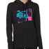 FEMALE MODEL WITH A HEATHER BLACK HOODIE WITH A MULTICOLORED NEON SKIER AND DELOREAN CAR