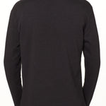 BACK OF A MALE MODEL WEARING A HEATHER BLACK HOODIE