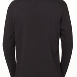 BACK OF A MALE MODEL WEARING A HEATHER BLACK HOODIE