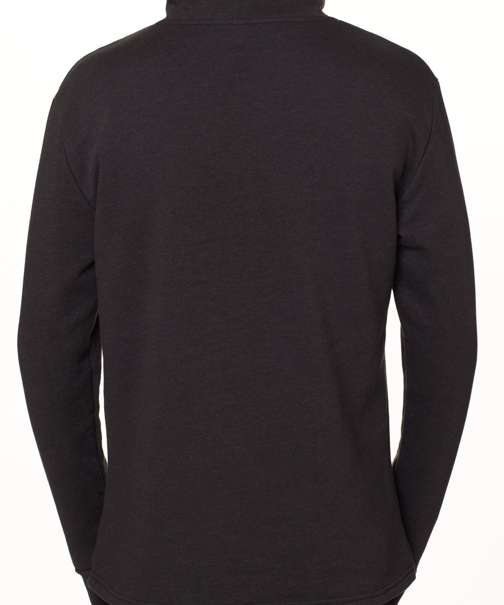 BACK OF A MALE MODEL WEARING A HEATHER BLACK HOODIE