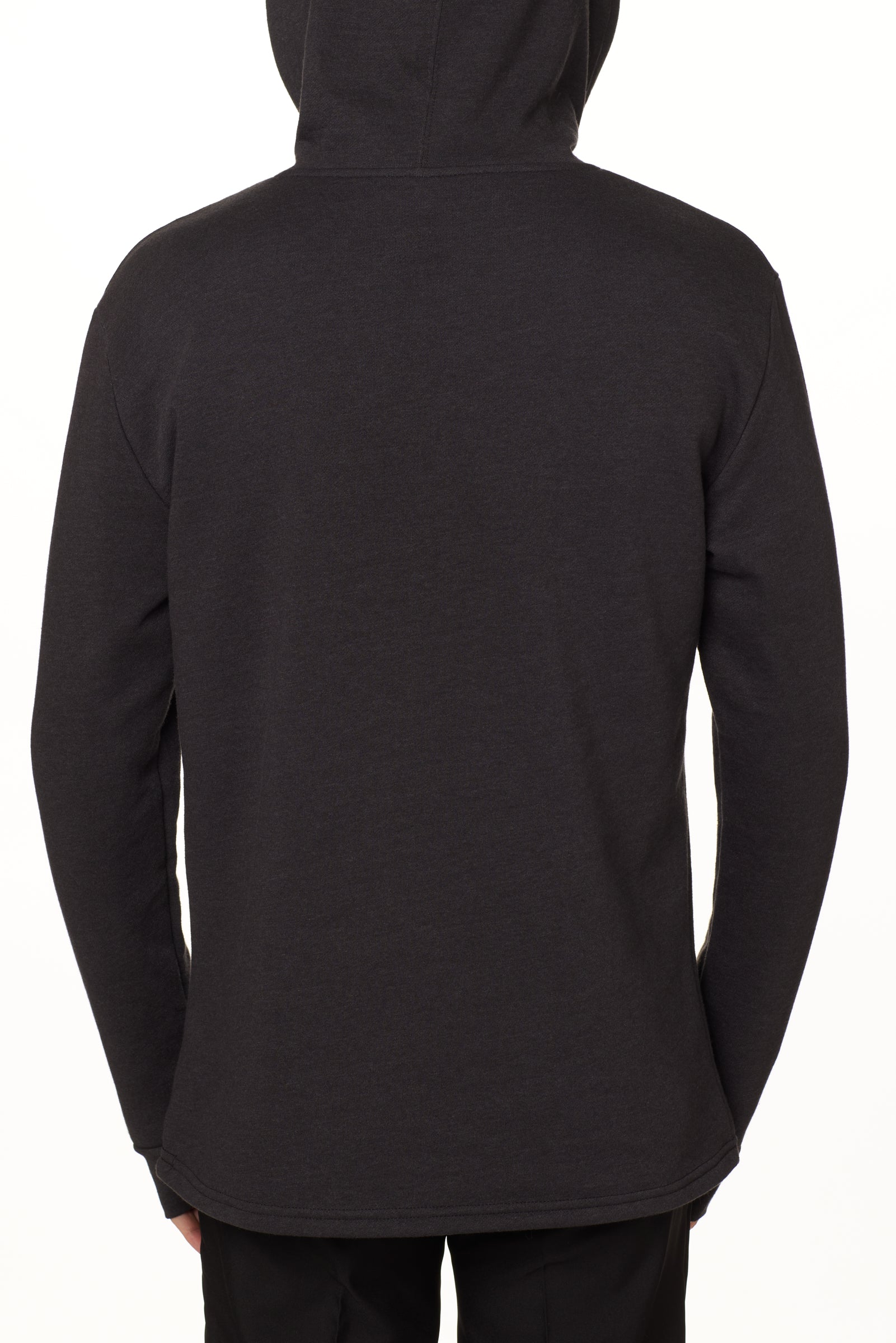 BACK OF A MALE MODEL WEARING A HEATHER BLACK HOODIE