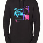 MALE MODEL WITH A HEATHER BLACK HOODIE WITH A MULTICOLORED NEON SKIER AND DELOREAN CAR