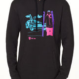 MALE MODEL WITH A HEATHER BLACK HOODIE WITH A MULTICOLORED NEON SKIER AND DELOREAN CAR