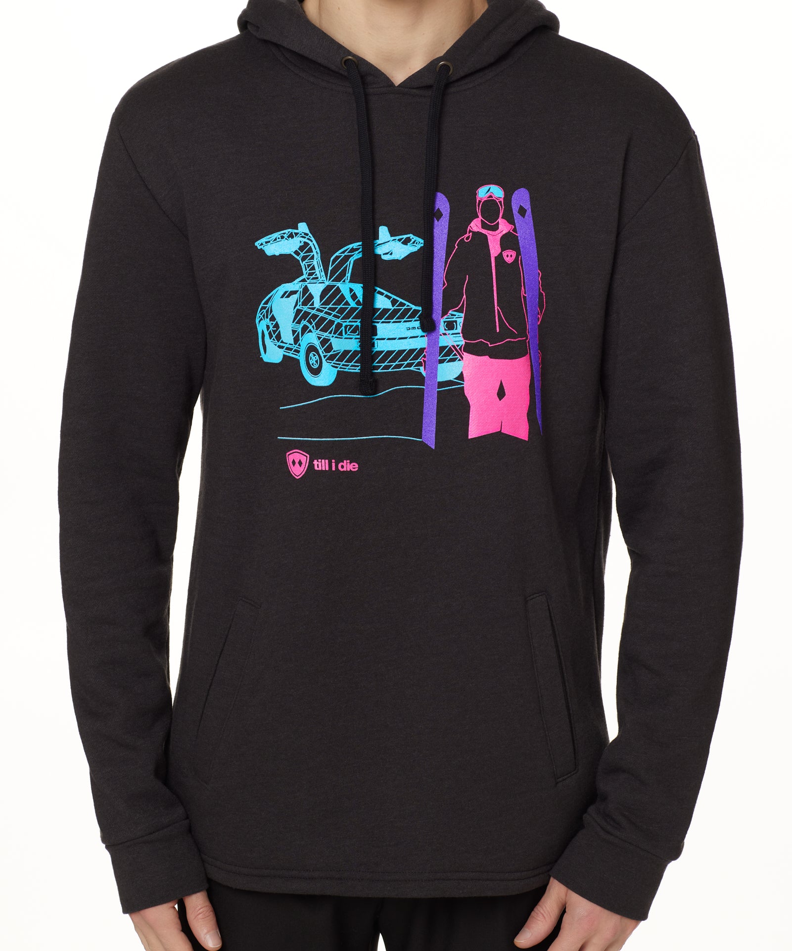 MALE MODEL WITH A HEATHER BLACK HOODIE WITH A MULTICOLORED NEON SKIER AND DELOREAN CAR