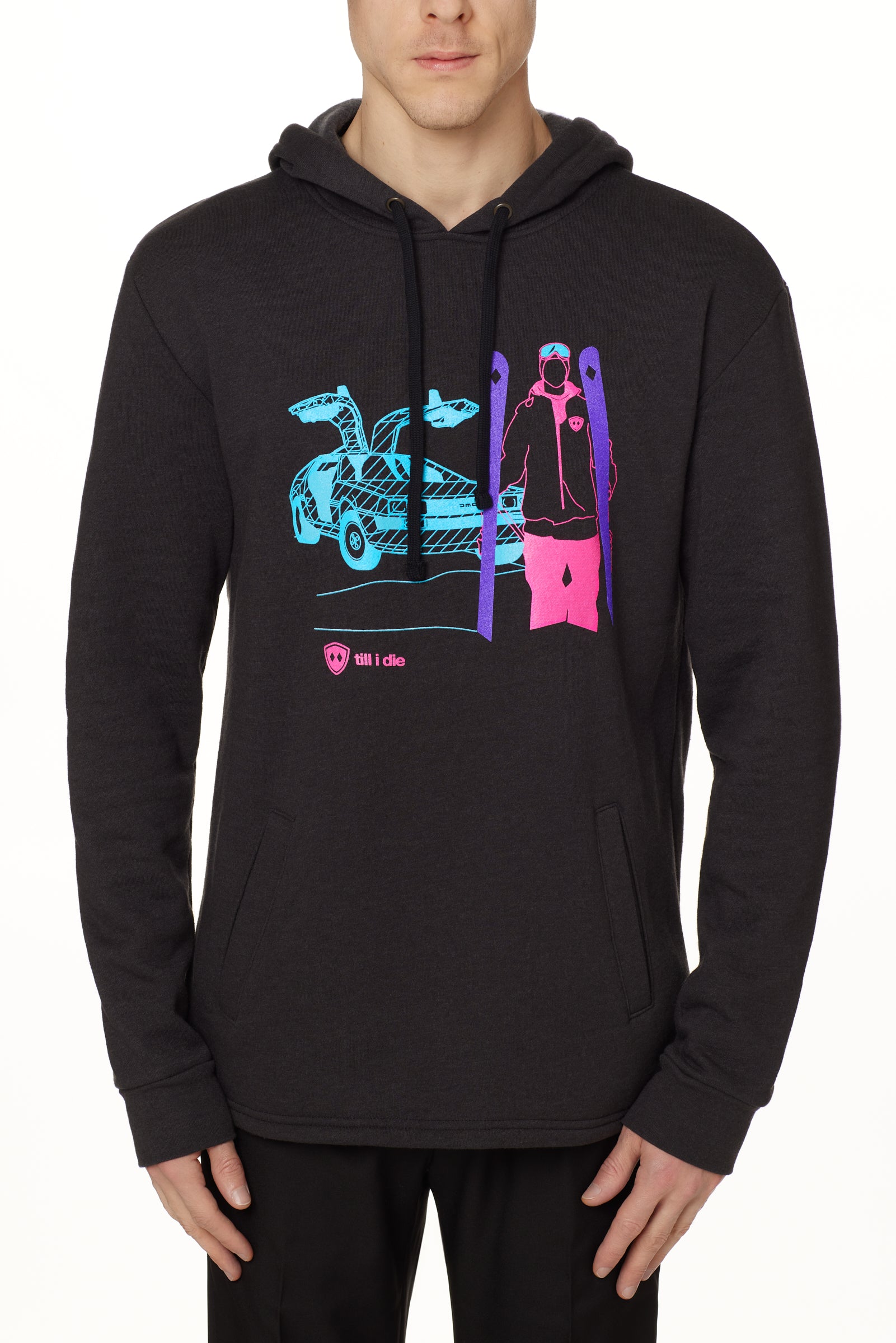 MALE MODEL WITH A HEATHER BLACK HOODIE WITH A MULTICOLORED NEON SKIER AND DELOREAN CAR