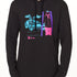 MALE MODEL WITH A HEATHER BLACK HOODIE WITH A MULTICOLORED NEON SKIER AND DELOREAN CAR