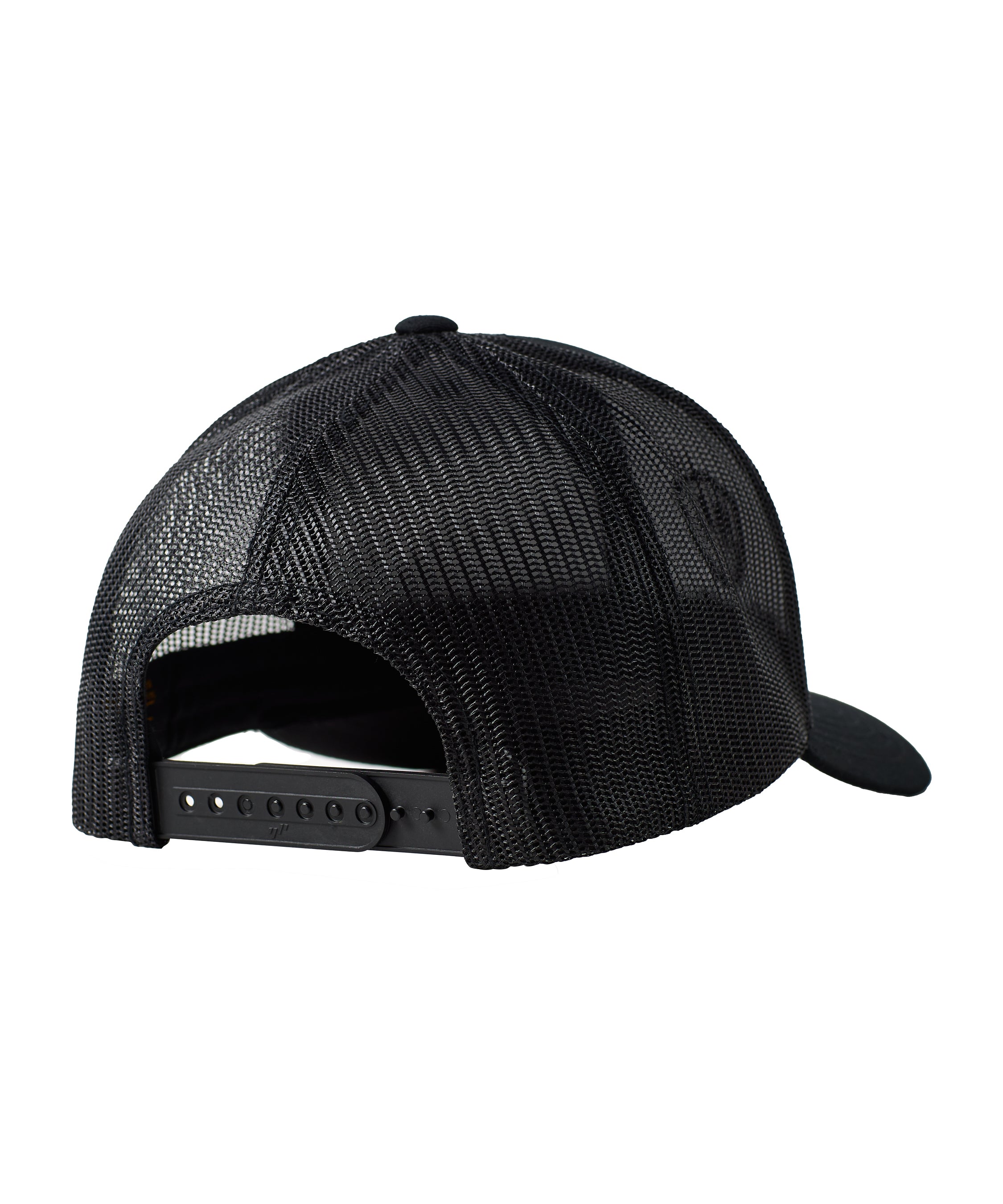 Back of a black trucker hat showing the coordinating mesh and snapback closure