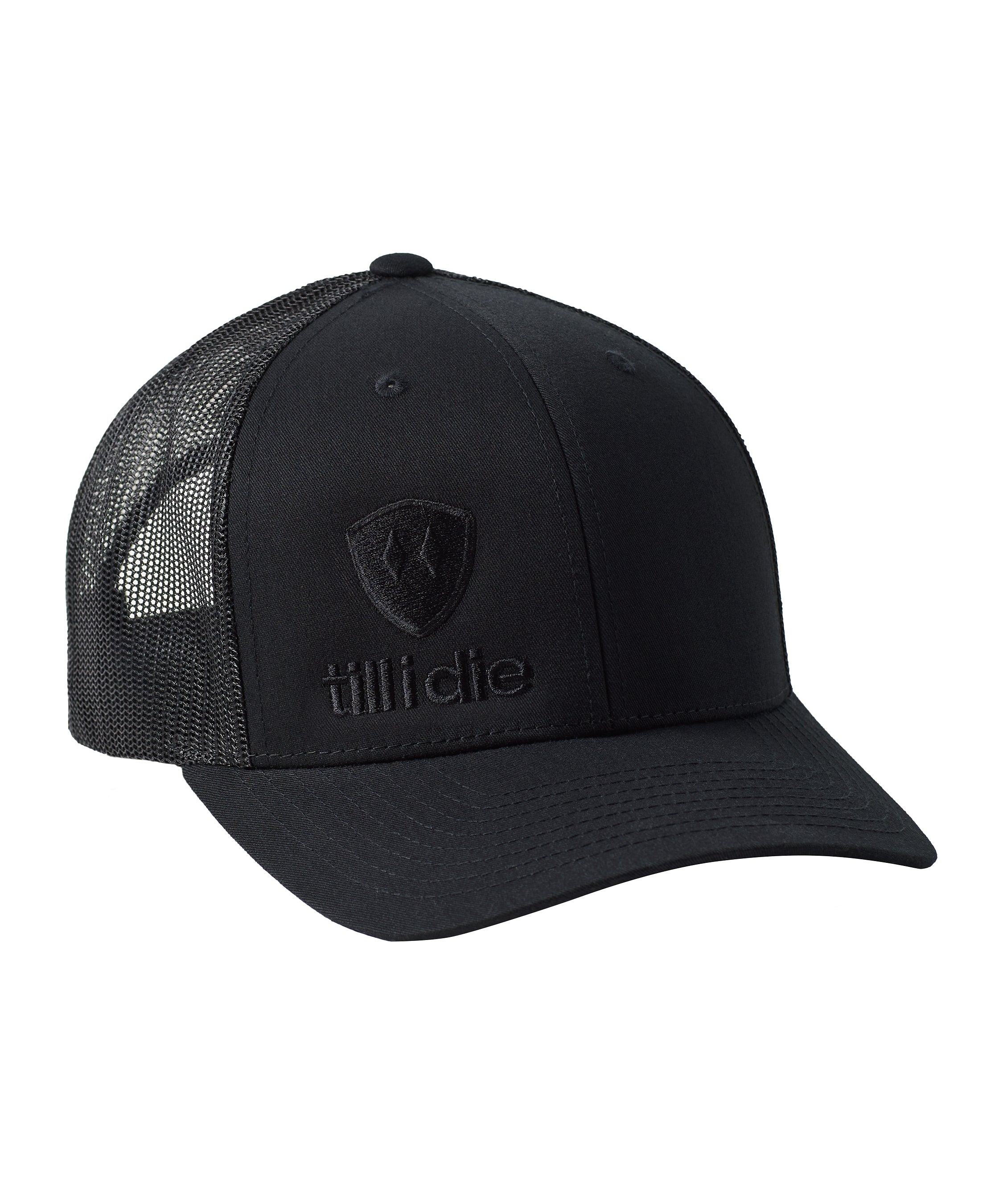 Front of a black trucker hat with a black till i die logo embroidered on the right bottom panel