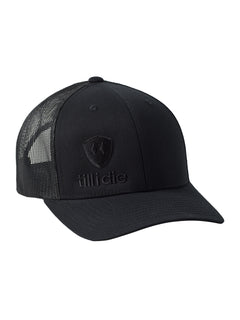 Front of a black trucker hat with a black till i die logo embroidered on the right bottom panel