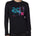 FEMALE MODEL WEARING A BLACK PERFORMANCE LONG SLEEVE SHIRT WITH A GRAPHIC OF A MULTICOLORED NEON SKIER AND DELOREAN CAR