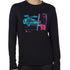 FEMALE MODEL WEARING A BLACK PERFORMANCE LONG SLEEVE SHIRT WITH A GRAPHIC OF A MULTICOLORED NEON SKIER AND DELOREAN CAR