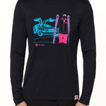MALE MODEL WEARING A BLACK PERFORMANCE LONG SLEEVE SHIRT WITH A GRAPHIC OF A MULTICOLORED NEON SKIER AND DELOREAN CAR