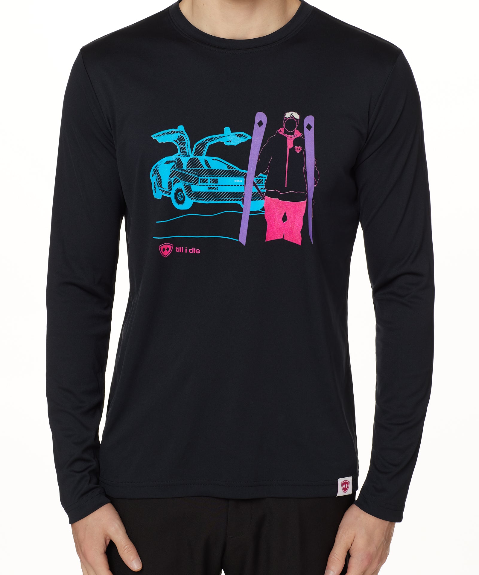 MALE MODEL WEARING A BLACK PERFORMANCE LONG SLEEVE SHIRT WITH A GRAPHIC OF A MULTICOLORED NEON SKIER AND DELOREAN CAR