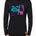 MALE MODEL WEARING A BLACK PERFORMANCE LONG SLEEVE SHIRT WITH A GRAPHIC OF A MULTICOLORED NEON SKIER AND DELOREAN CAR
