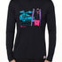 MALE MODEL WEARING A BLACK PERFORMANCE LONG SLEEVE SHIRT WITH A GRAPHIC OF A MULTICOLORED NEON SKIER AND DELOREAN CAR