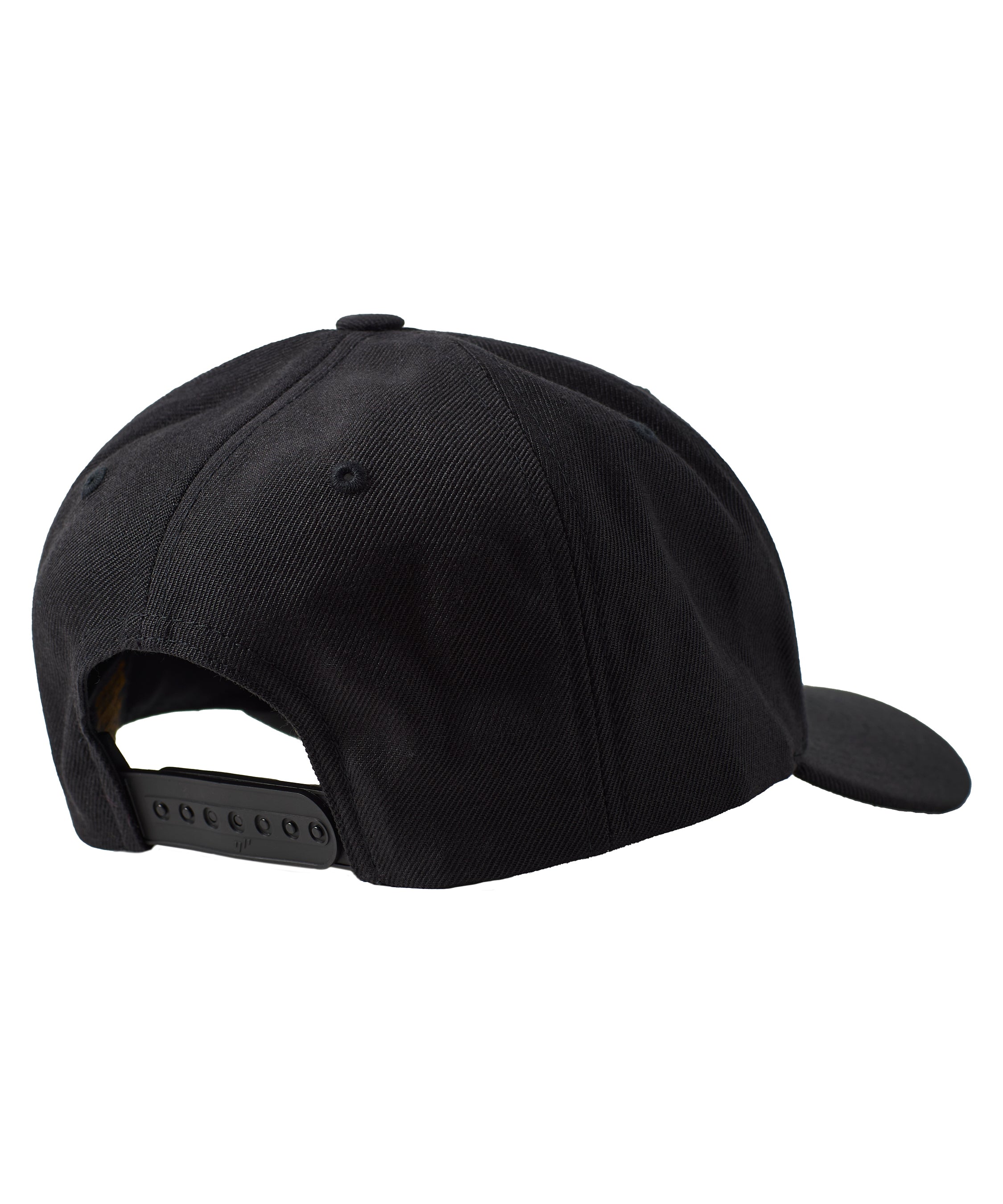 Back of a black cap showing the snapback closure