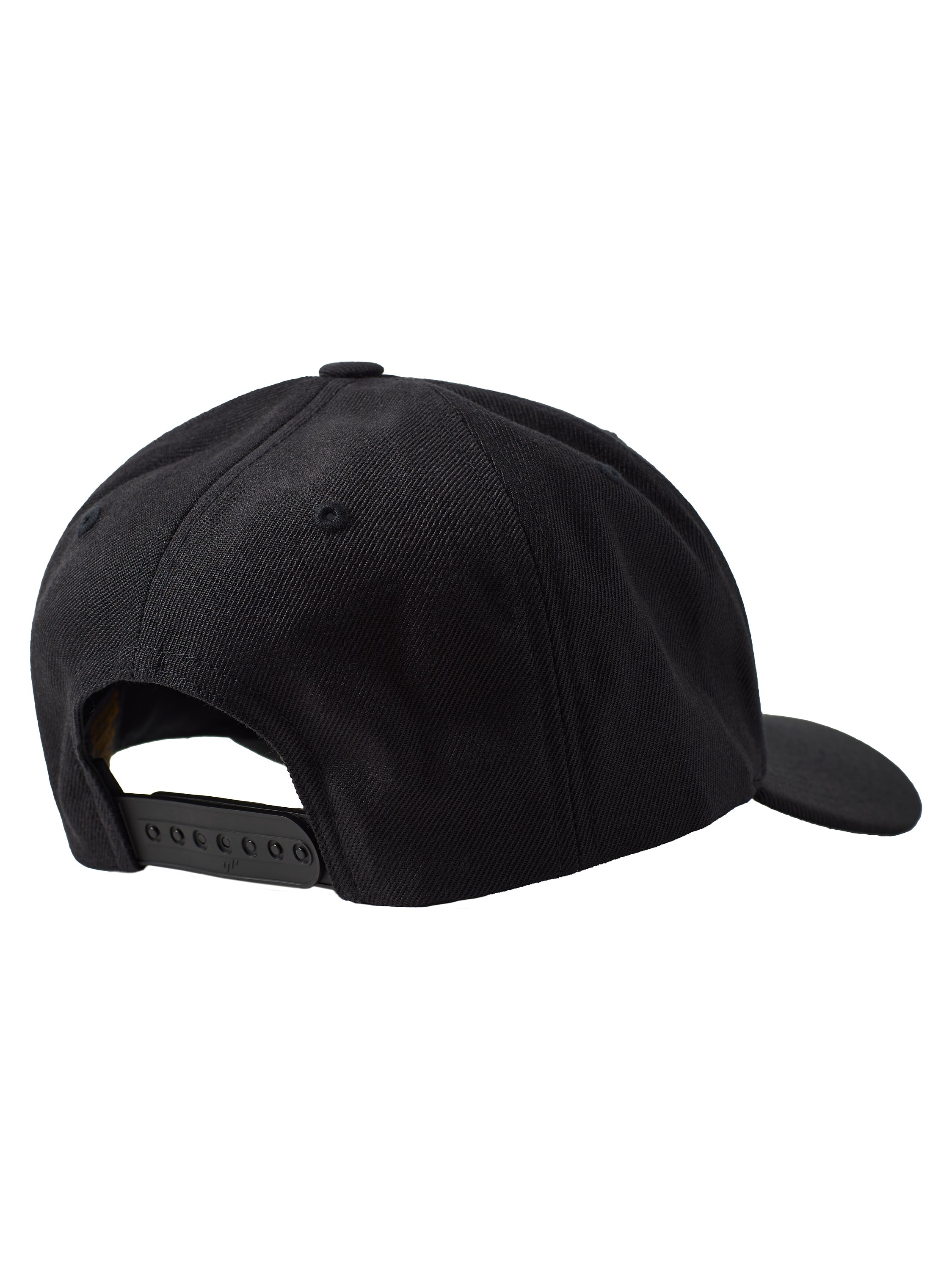 Back of a black cap showing the snapback closure
