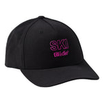 Black cap with neon pink 'ski till i die' embroidered in the center of the front panel