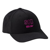 Black cap with neon pink 'ski till i die' embroidered in the center of the front panel