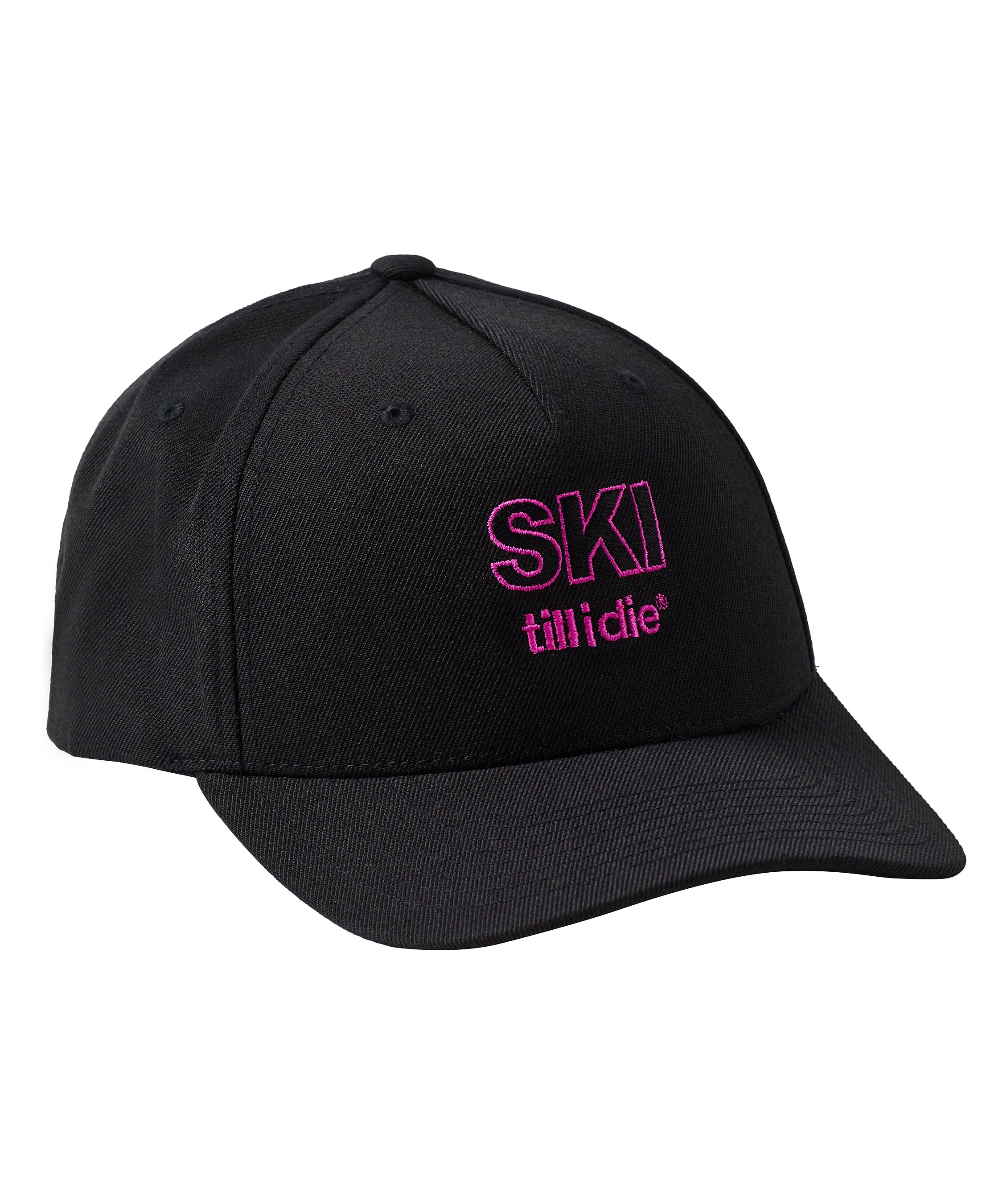 Black cap with neon pink 'ski till i die' embroidered in the center of the front panel