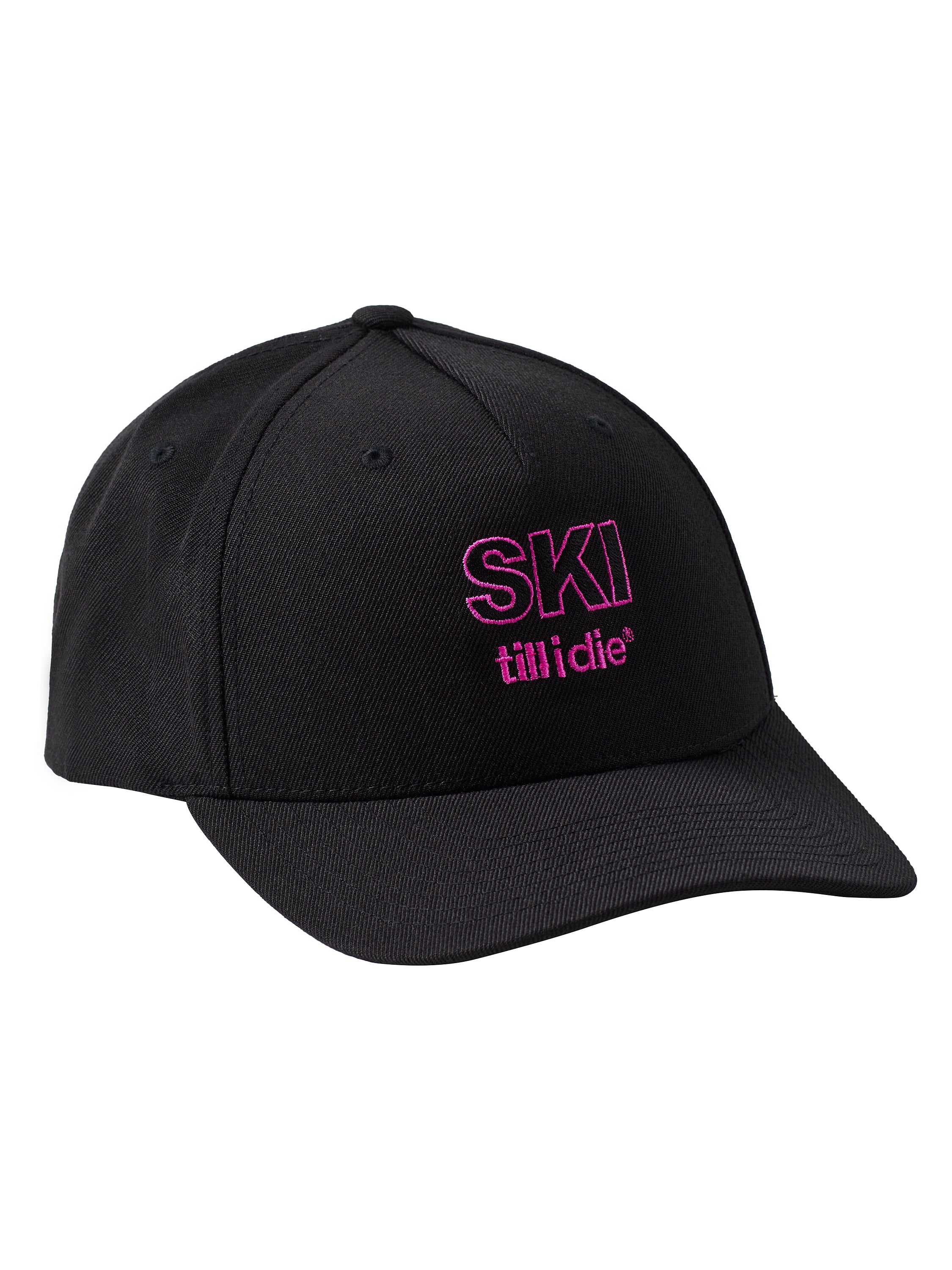 Black cap with neon pink 'ski till i die' embroidered in the center of the front panel