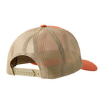 Back of an orange trucker hat showing the khaki mech back panels and snapback closure