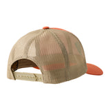 Back of an orange trucker hat showing the khaki mech back panels and snapback closure