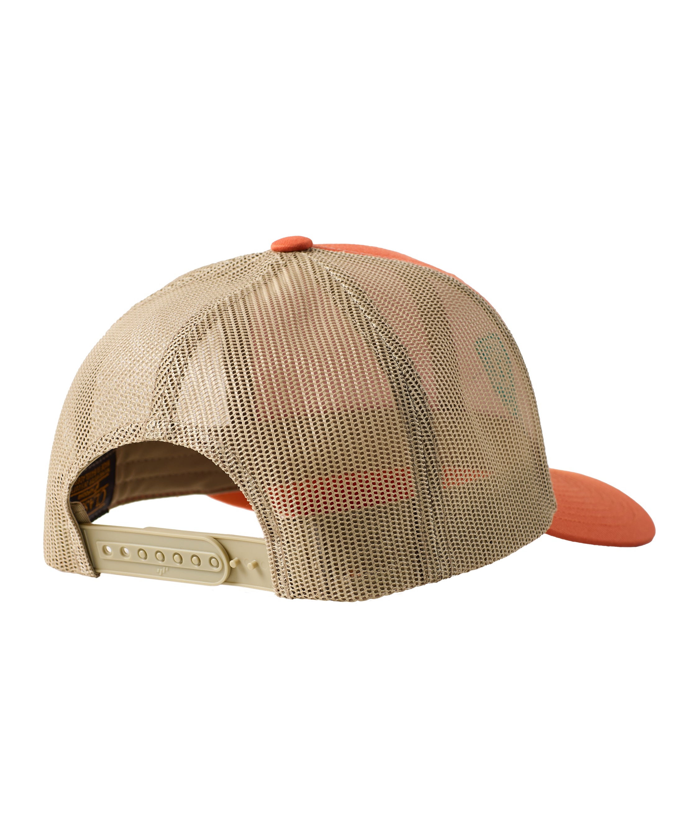 Back of an orange trucker hat showing the khaki mech back panels and snapback closure