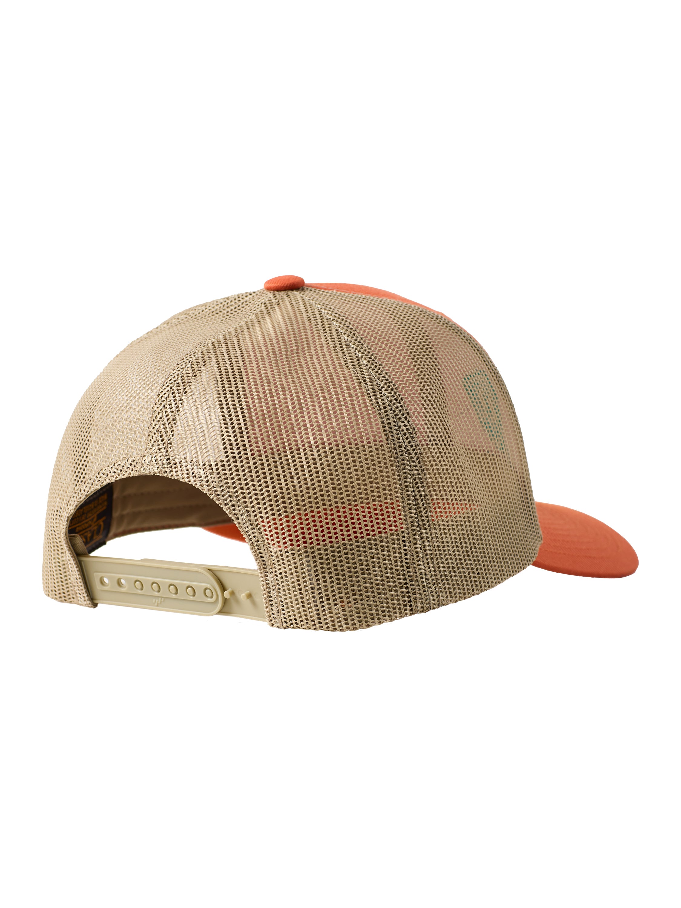 Back of an orange trucker hat showing the khaki mech back panels and snapback closure