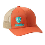 Orange and khaki trucker hat with a teal till i die logo embroidered on the bottom right front panel