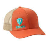 Orange and khaki trucker hat with a teal till i die logo embroidered on the bottom right front panel