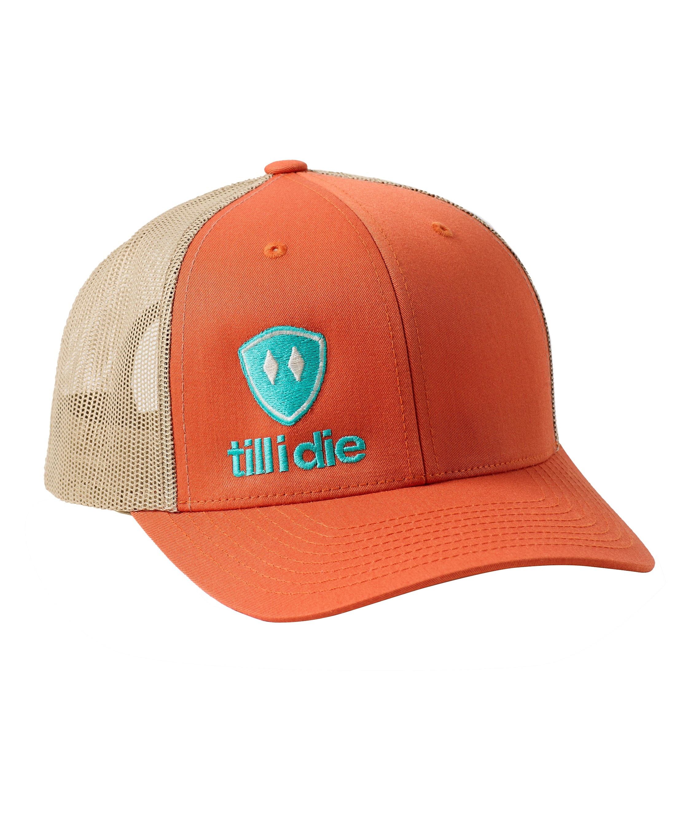 Orange and khaki trucker hat with a teal till i die logo embroidered on the bottom right front panel