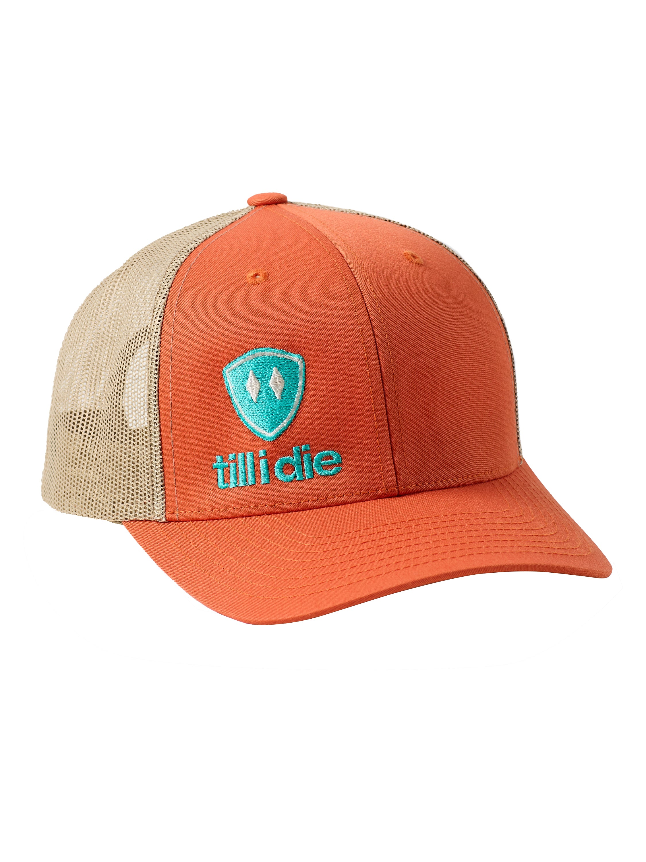 Orange and khaki trucker hat with a teal till i die logo embroidered on the bottom right front panel