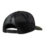 Back of a camouflage trucker hat showing the black mesh back panels and snapback closure