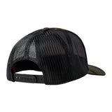 Back of a camouflage trucker hat showing the black mesh back panels and snapback closure