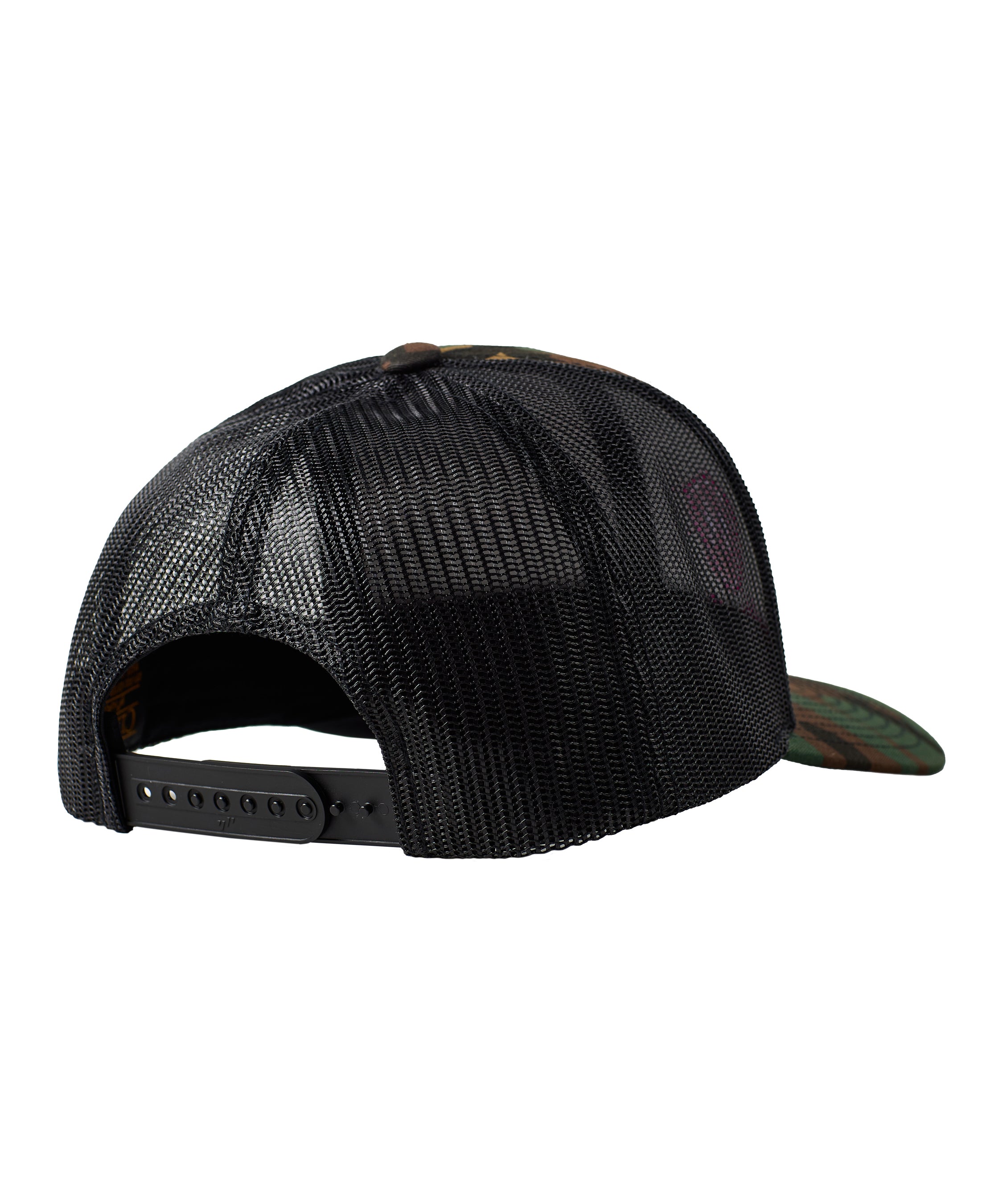 Back of a camouflage trucker hat showing the black mesh back panels and snapback closure