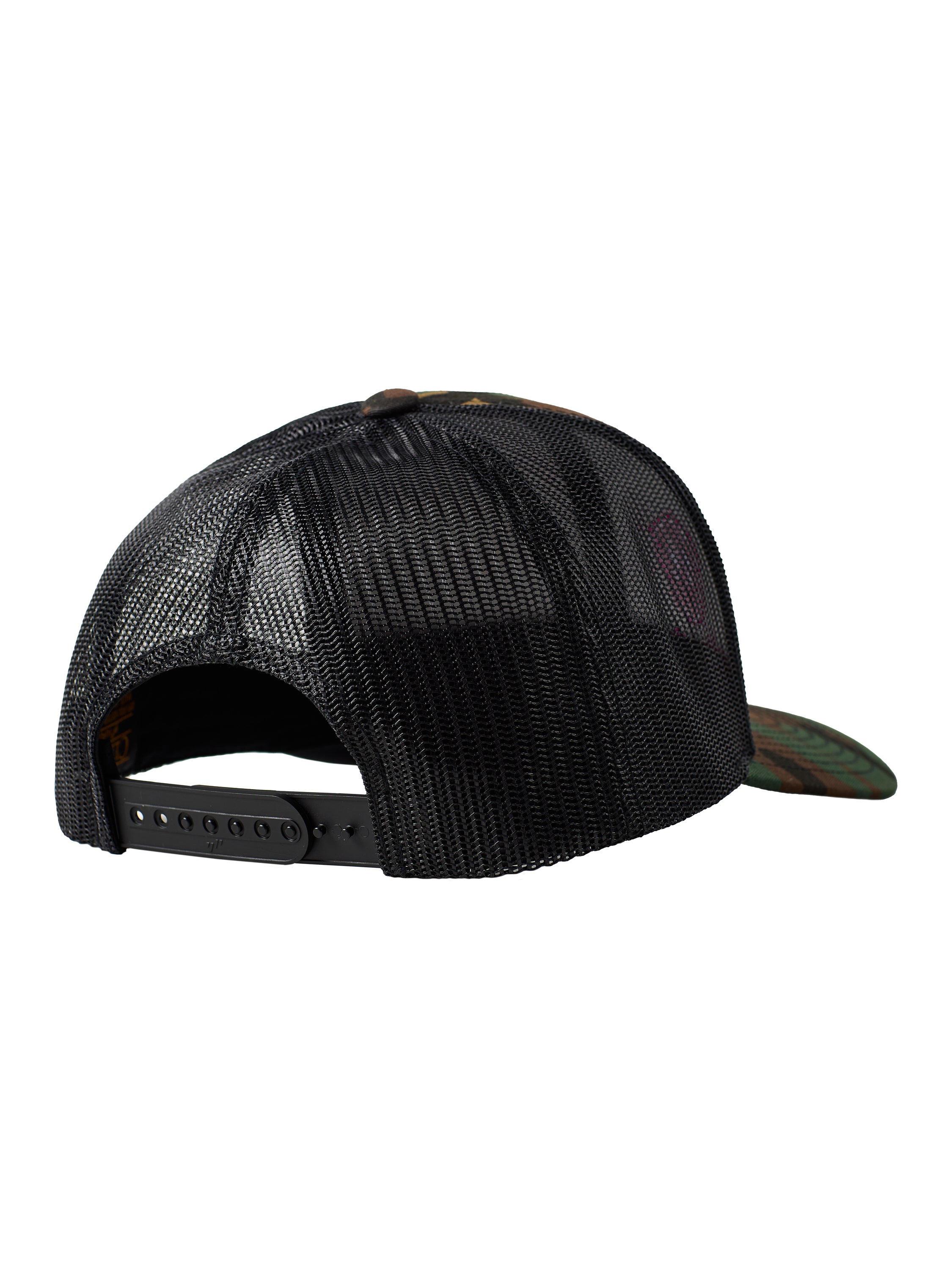 Back of a camouflage trucker hat showing the black mesh back panels and snapback closure