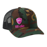 Green Camouflage trucker hat with a hot pink till i die logo embroidered on the front bottom right panel