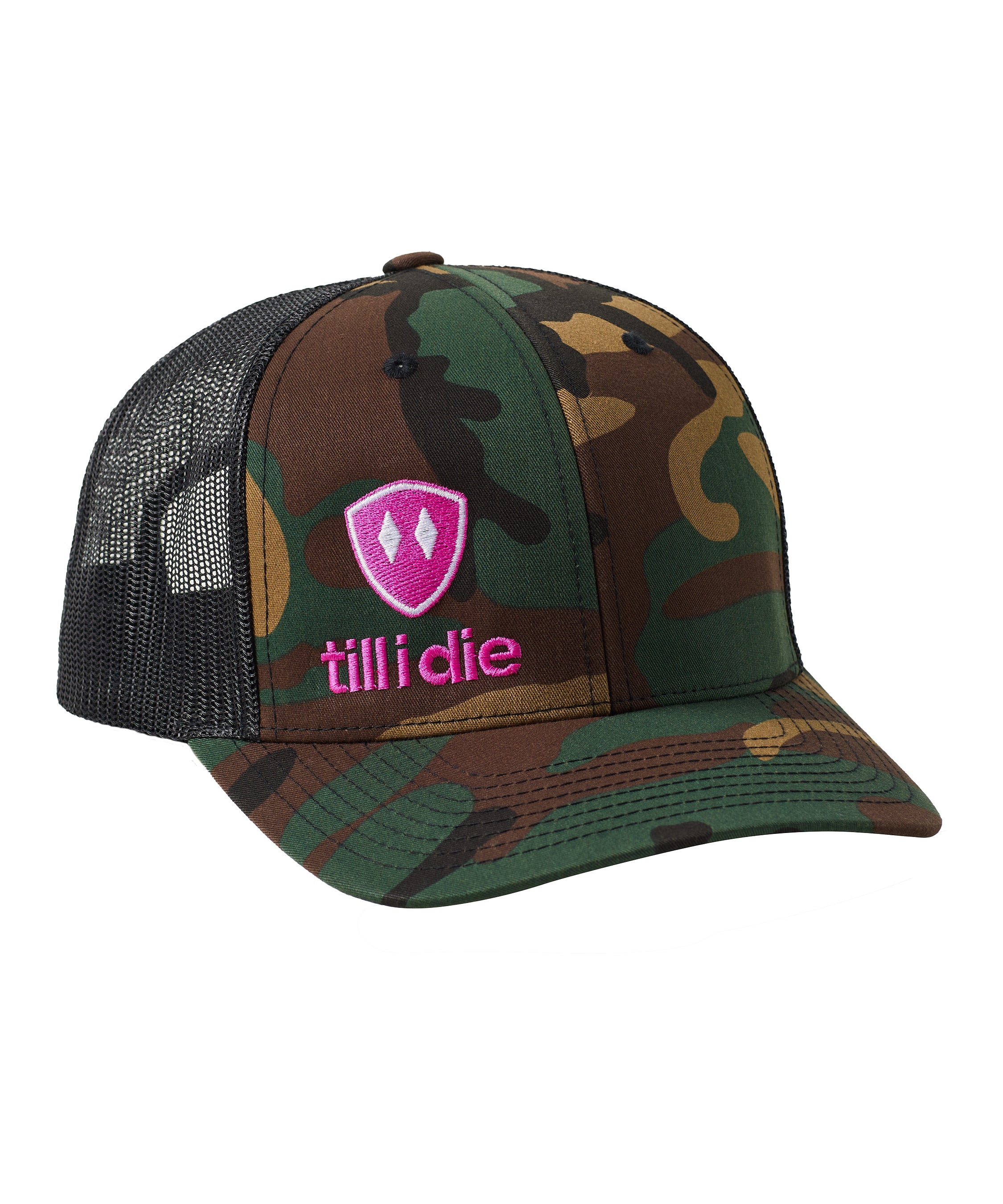Green Camouflage trucker hat with a hot pink till i die logo embroidered on the front bottom right panel